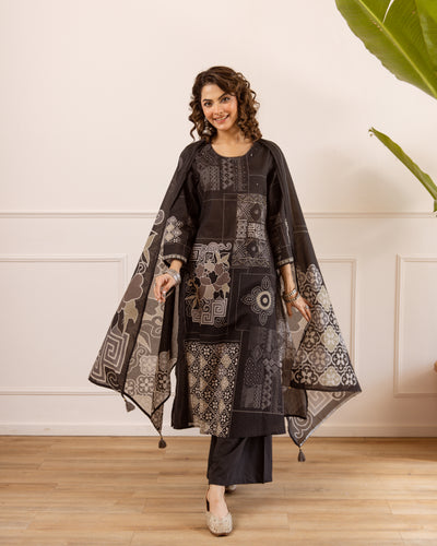 Nehamta Women's Black Cotton Kurta with Palazzo & Dupatta