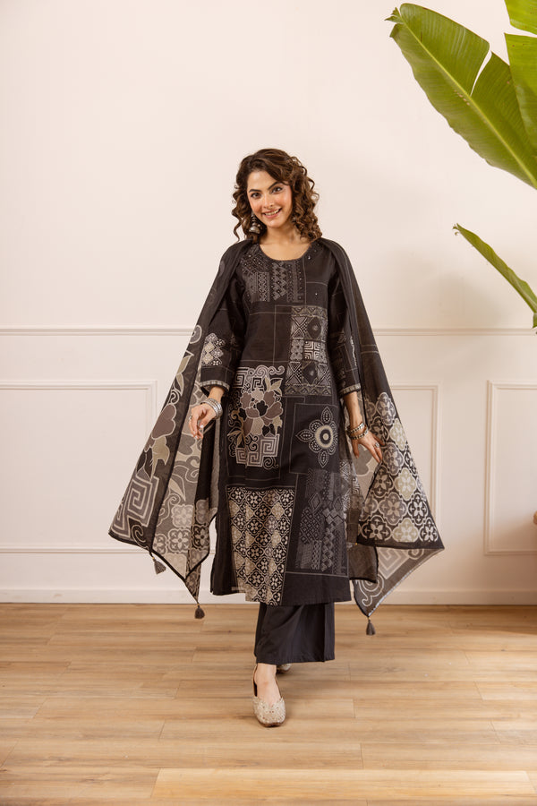 Nehamta Women's Black Cotton Kurta with Palazzo & Dupatta