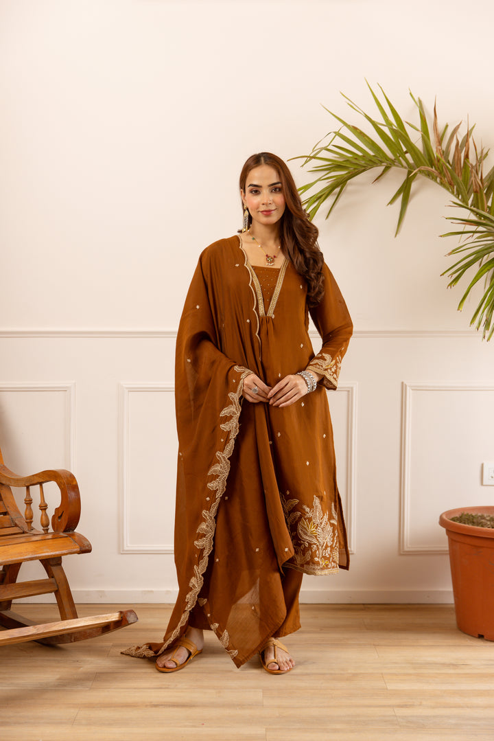 Nehamta Women's Brown Chanderi Cotton Kurta with Pant & Dupatta