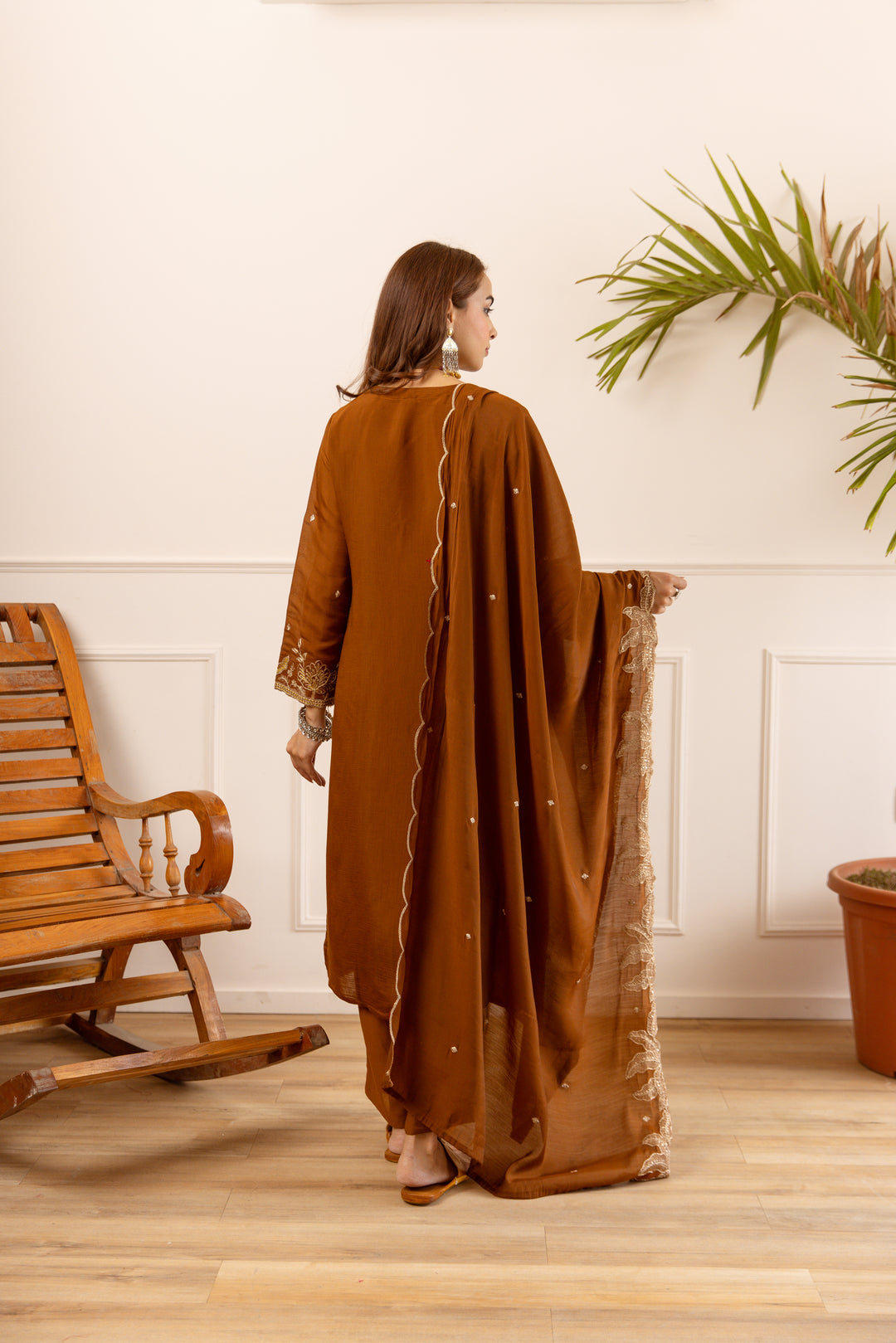 Nehamta Women's Brown Chanderi Cotton Kurta with Pant & Dupatta
