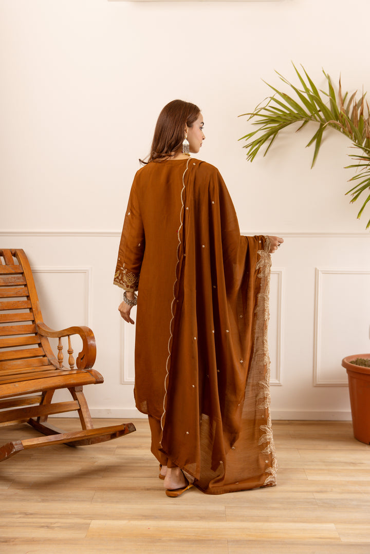 Nehamta Women's Brown Chanderi Cotton Kurta with Pant & Dupatta