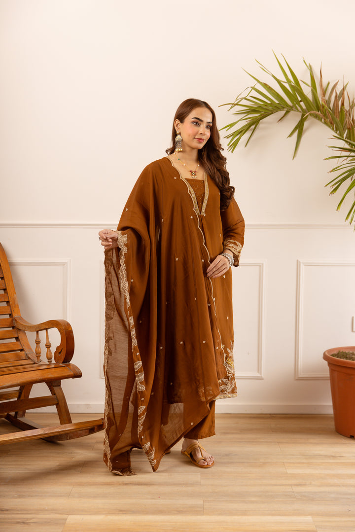 Nehamta Women's Brown Chanderi Cotton Kurta with Pant & Dupatta