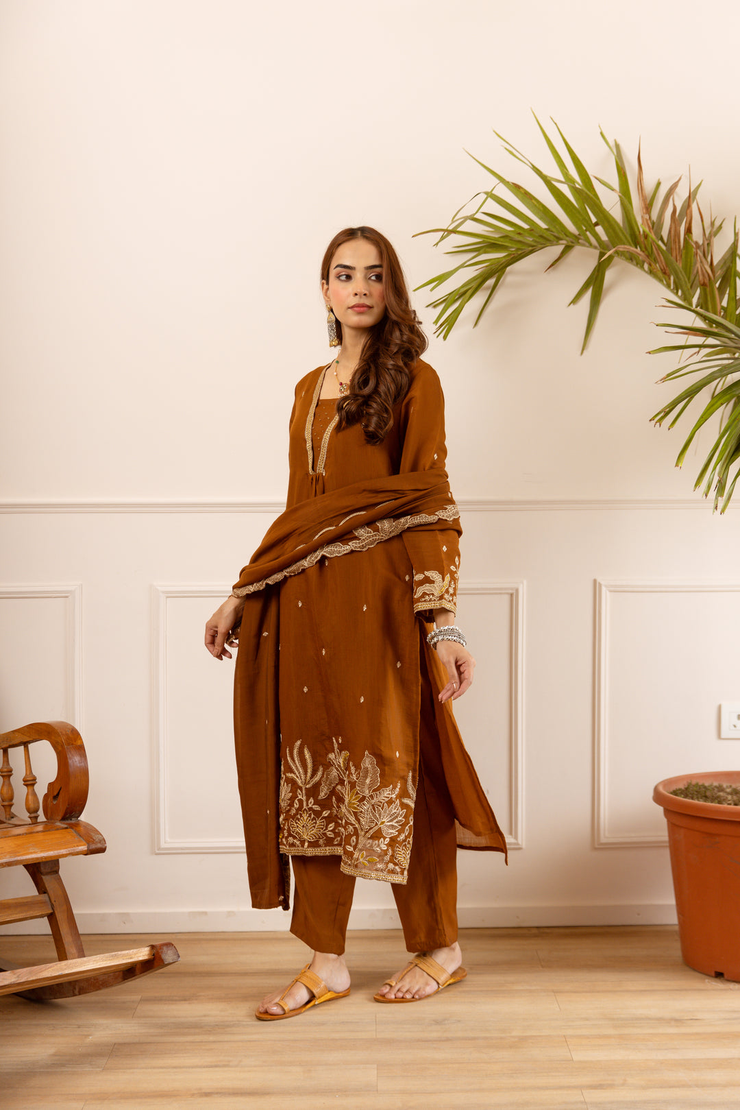 Nehamta Women's Brown Chanderi Cotton Kurta with Pant & Dupatta