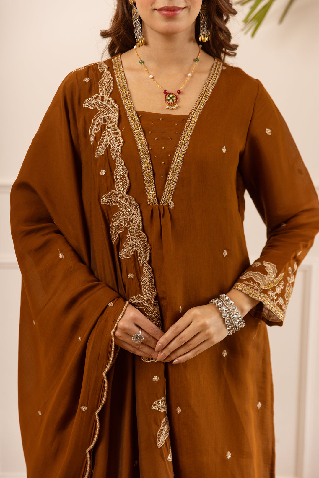 Nehamta Women's Brown Chanderi Cotton Kurta with Pant & Dupatta