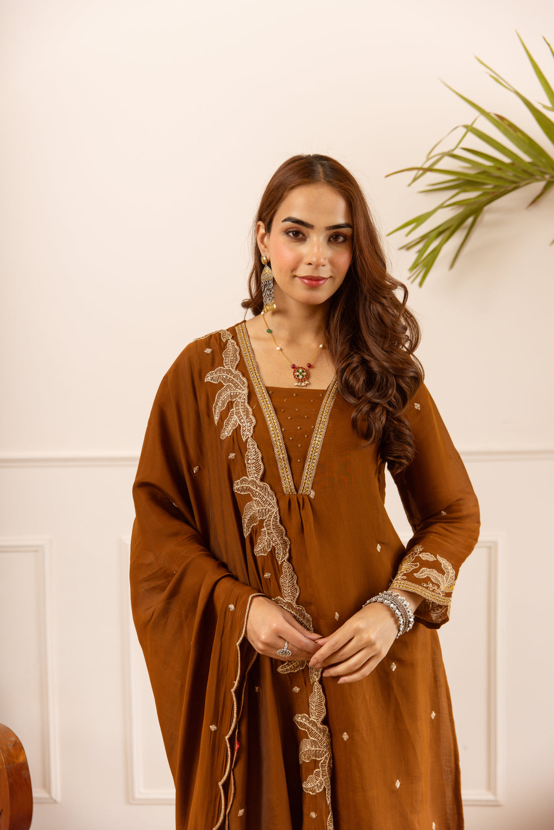 Nehamta Women's Brown Chanderi Cotton Kurta with Pant & Dupatta