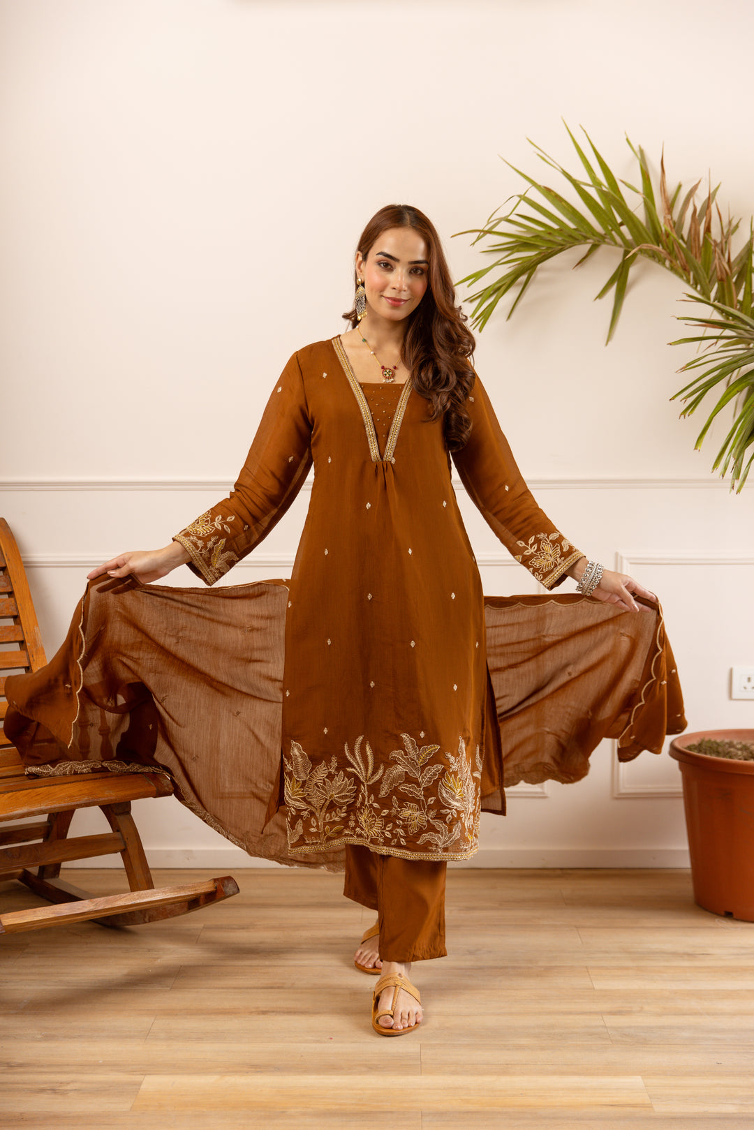 Nehamta Women's Brown Chanderi Cotton Kurta with Pant & Dupatta