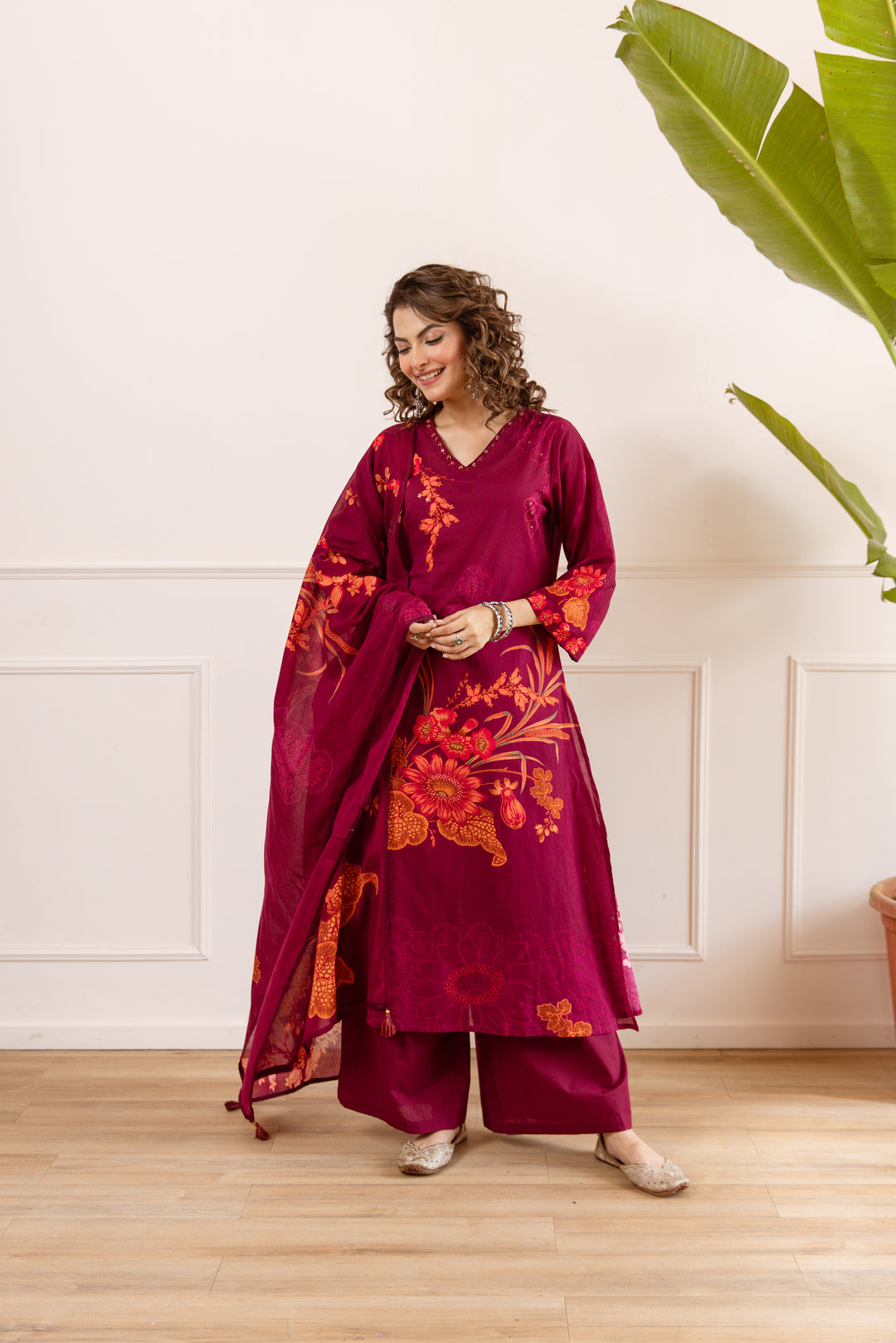 Nehamta Women's Maroon Cotton Kurta with Palazzo & Dupatta