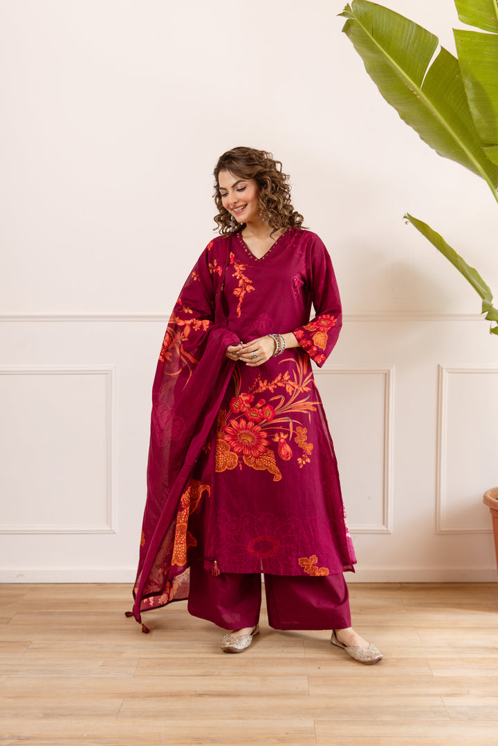 Nehamta Women's Maroon Cotton Kurta with Palazzo & Dupatta