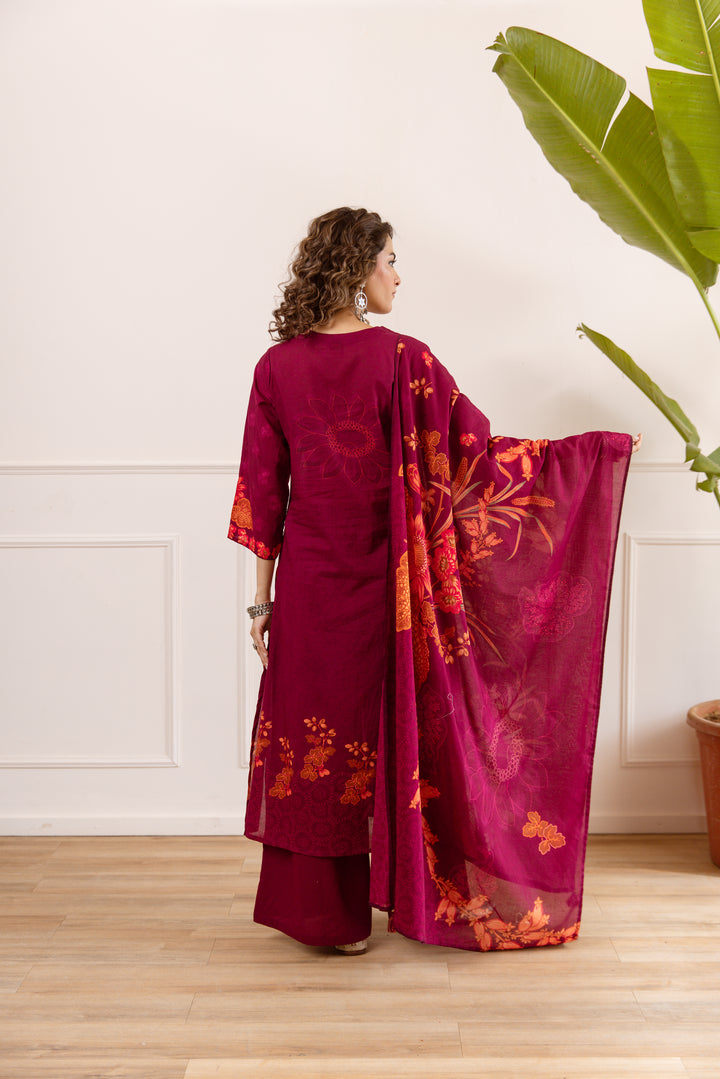 Nehamta Women's Maroon Cotton Kurta with Palazzo & Dupatta