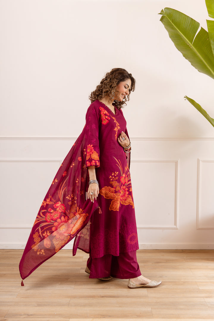 Nehamta Women's Maroon Cotton Kurta with Palazzo & Dupatta