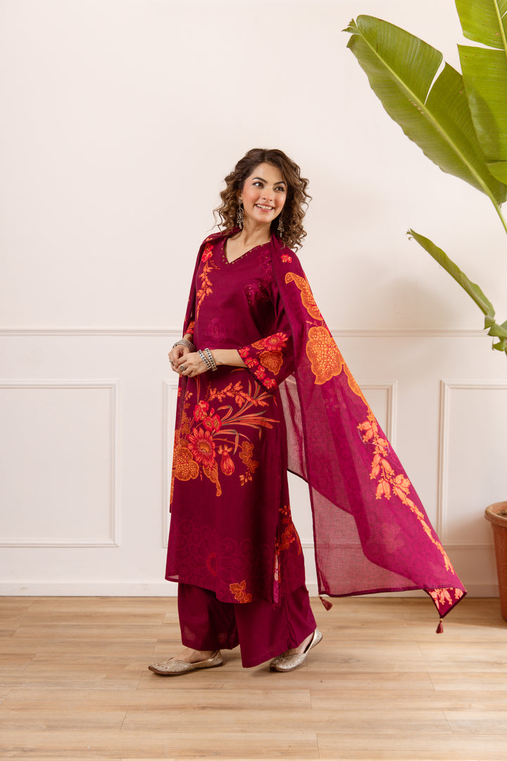Nehamta Women's Maroon Cotton Kurta with Palazzo & Dupatta