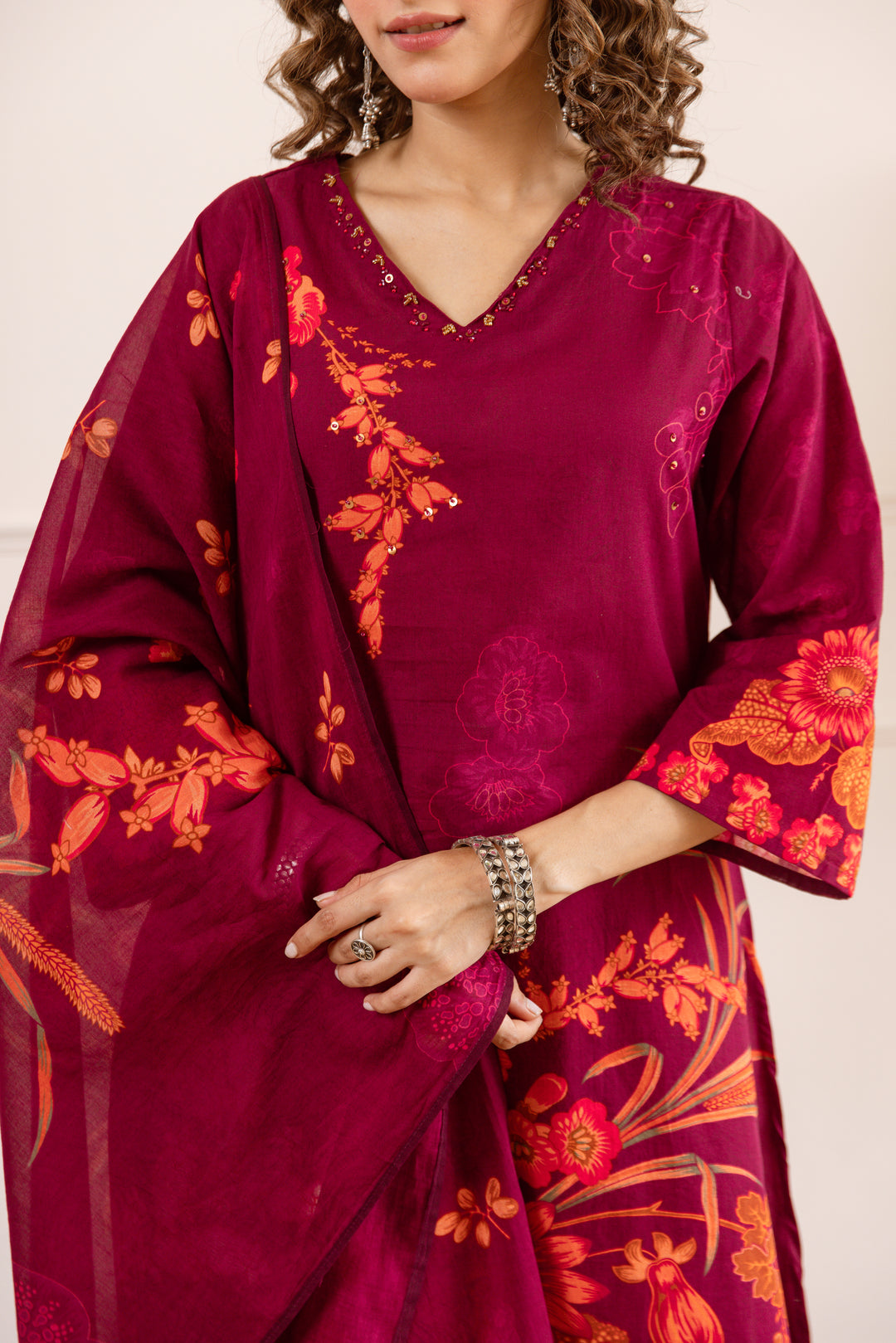 Nehamta Women's Maroon Cotton Kurta with Palazzo & Dupatta