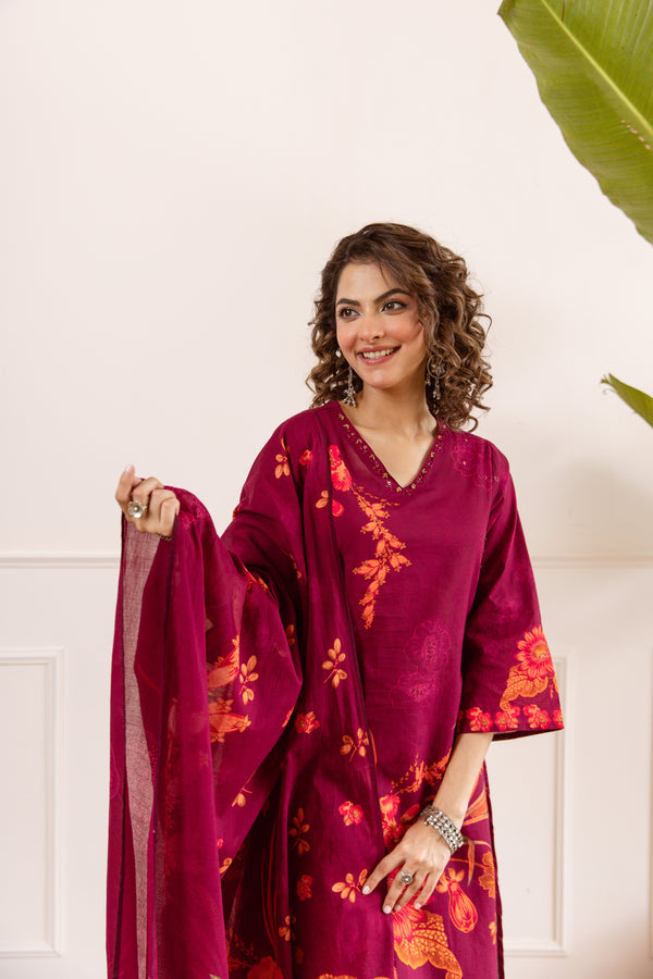 Nehamta Women's Maroon Cotton Kurta with Palazzo & Dupatta