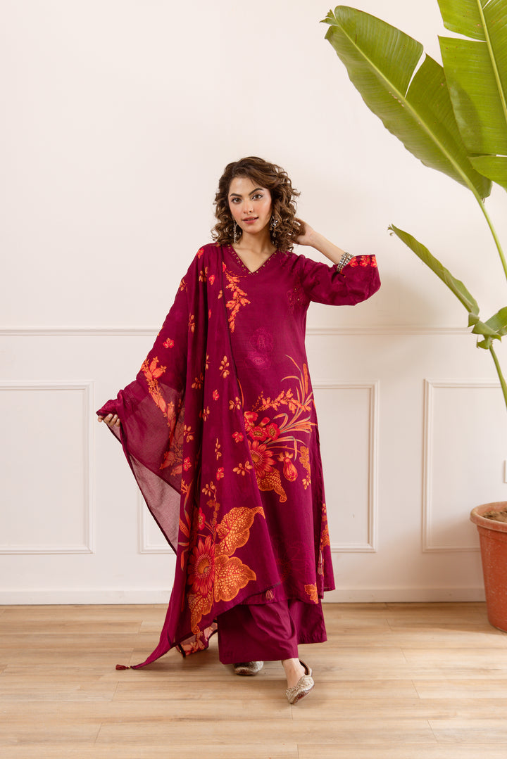 Nehamta Women's Maroon Cotton Kurta with Palazzo & Dupatta