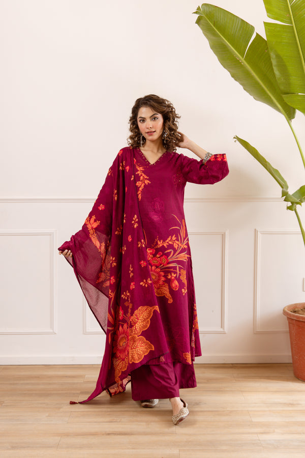 Nehamta Women's Maroon Cotton Kurta with Palazzo & Dupatta
