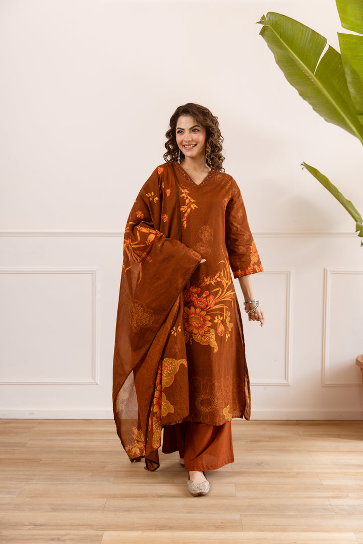 Nehamta Women's Brown Cotton Kurta with Palazzo & Dupatta