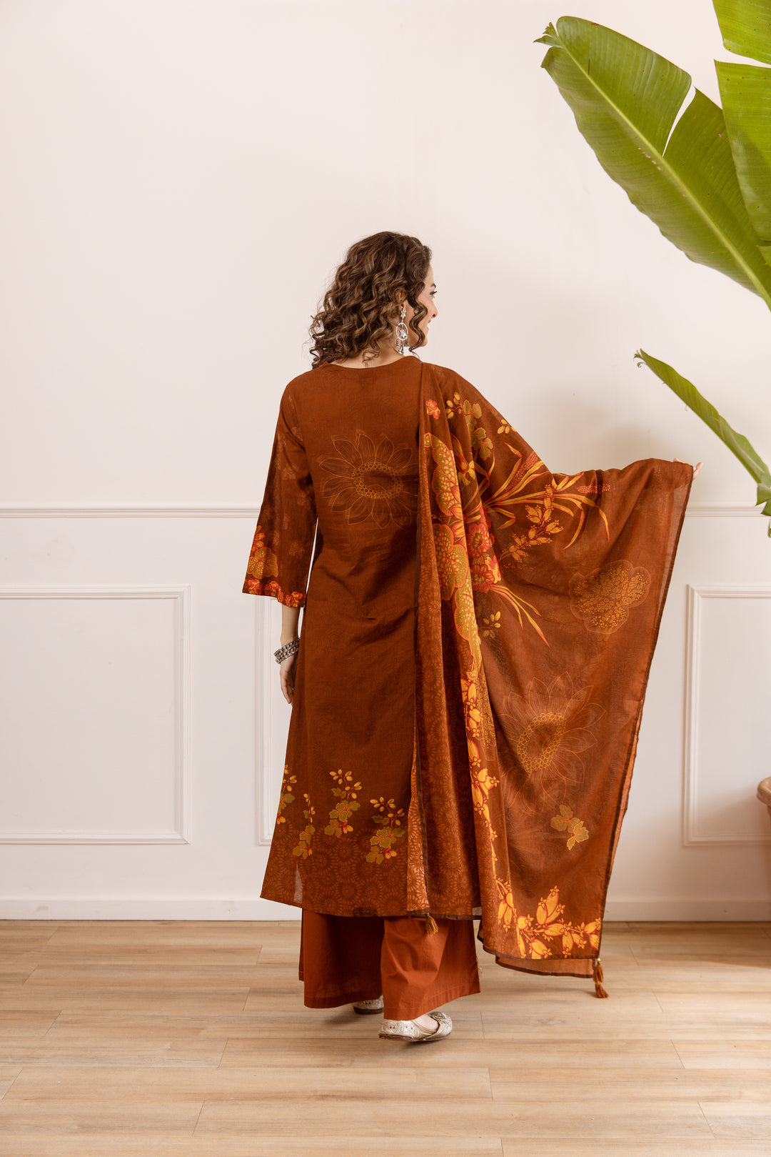 Nehamta Women's Brown Cotton Kurta with Palazzo & Dupatta