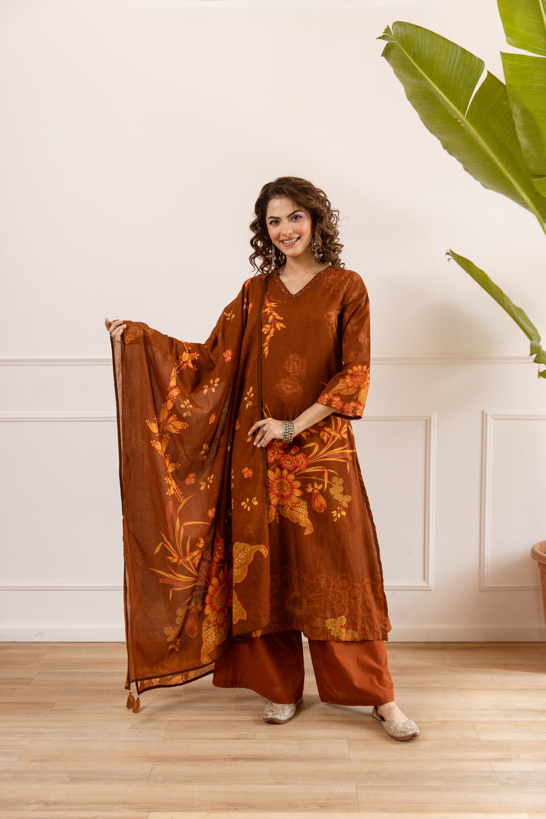 Nehamta Women's Brown Cotton Kurta with Palazzo & Dupatta