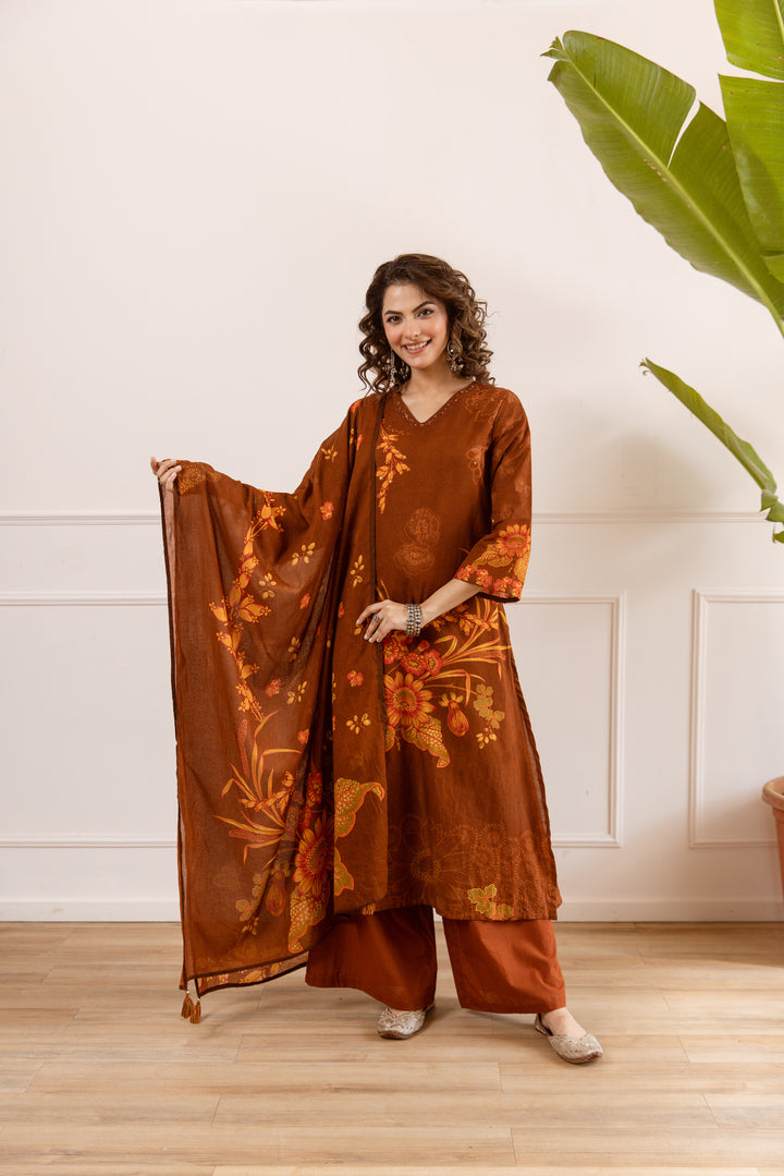 Nehamta Women's Brown Cotton Kurta with Palazzo & Dupatta