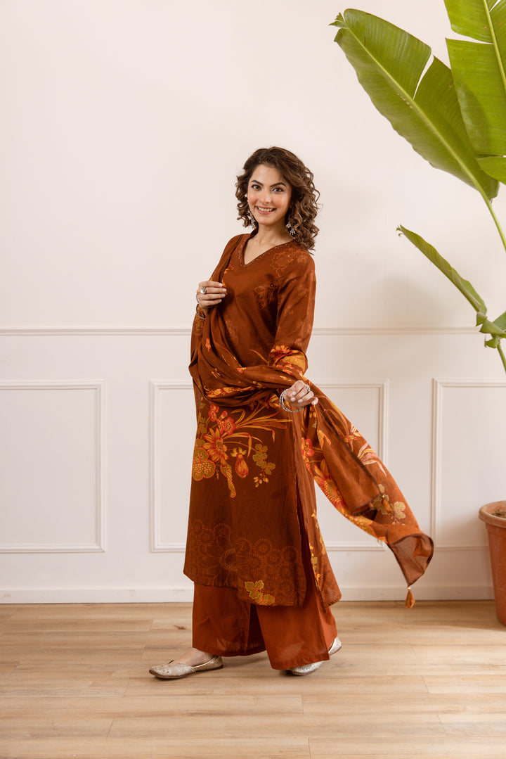 Nehamta Women's Brown Cotton Kurta with Palazzo & Dupatta