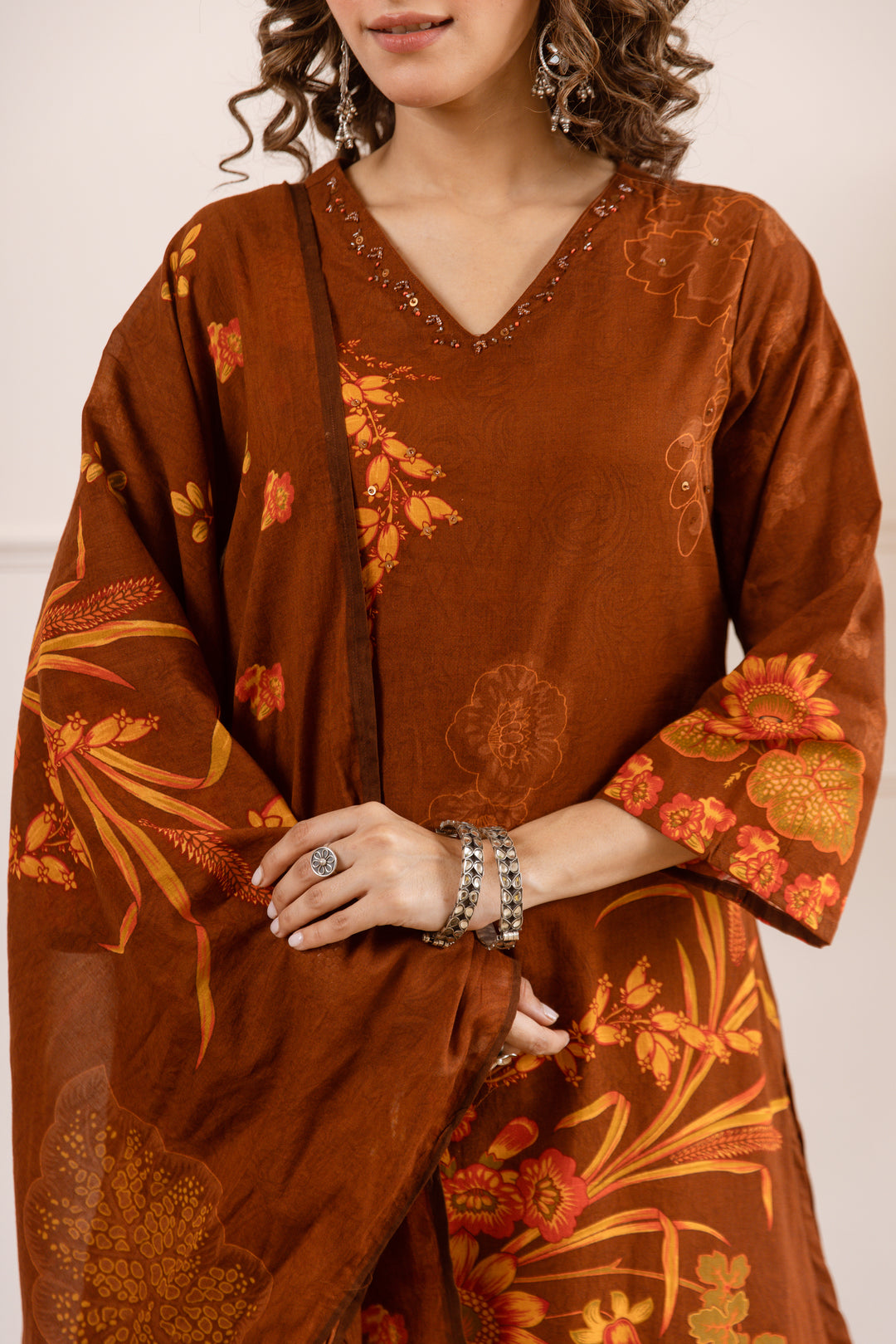 Nehamta Women's Brown Cotton Kurta with Palazzo & Dupatta