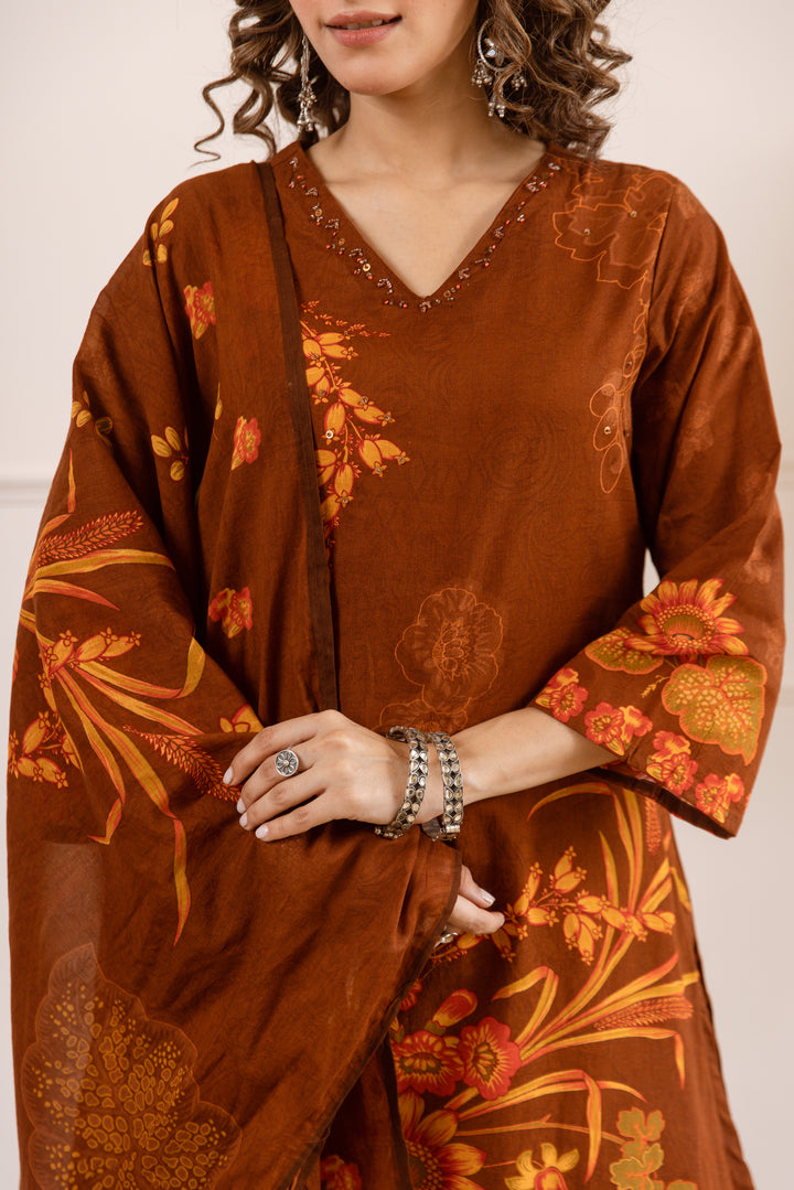 Nehamta Women's Brown Cotton Kurta with Palazzo & Dupatta