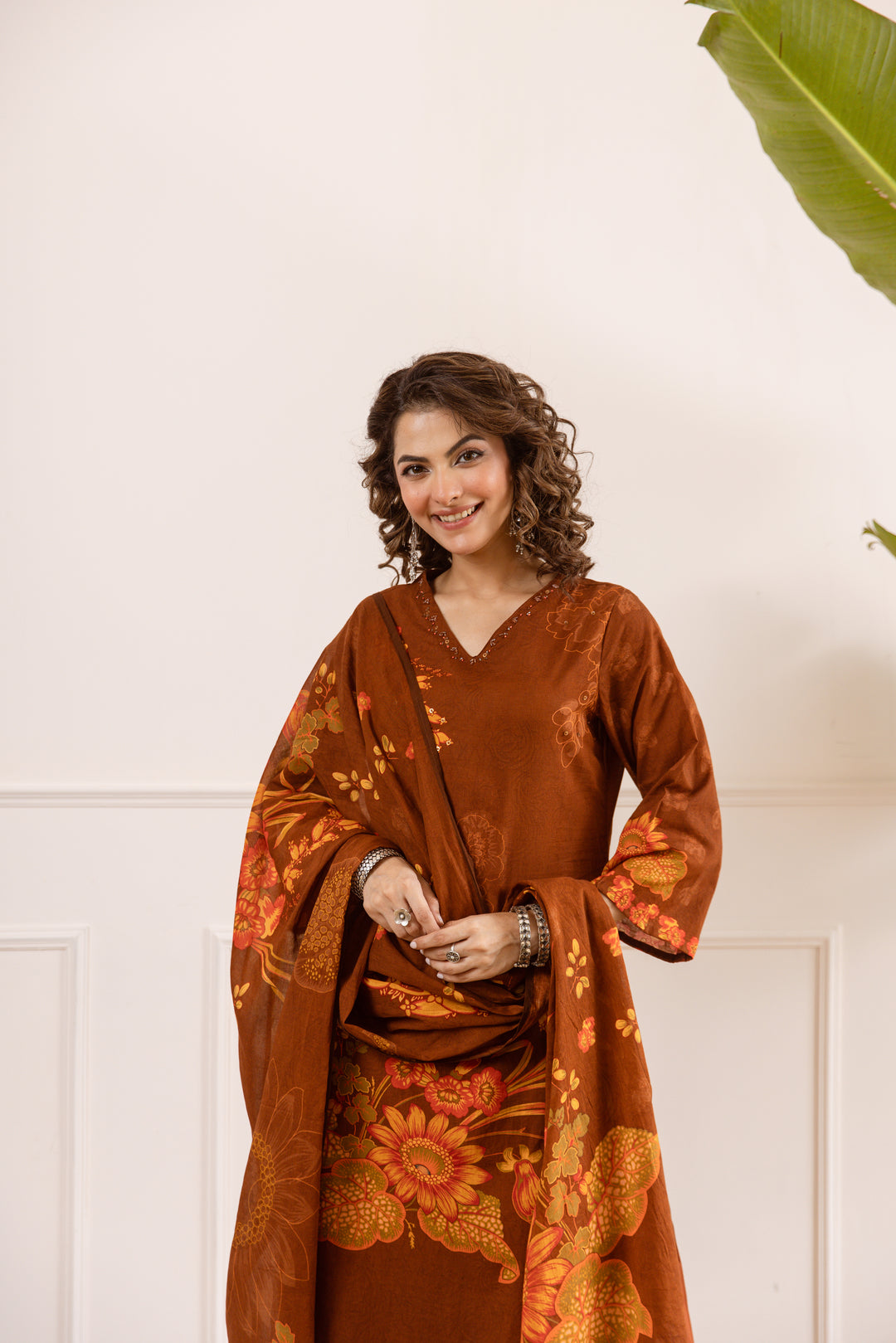 Nehamta Women's Brown Cotton Kurta with Palazzo & Dupatta