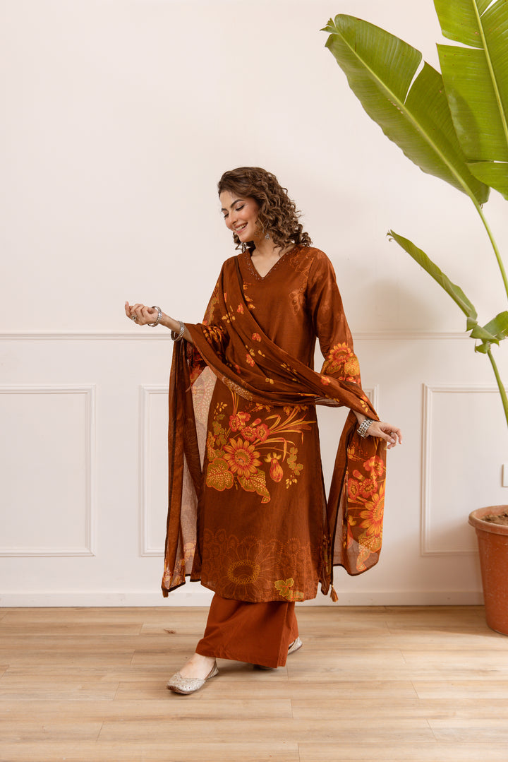 Nehamta Women's Brown Cotton Kurta with Palazzo & Dupatta
