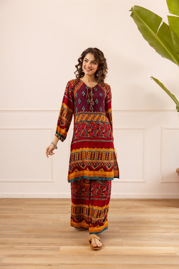 Nehamta Women's Maroon Rayon Kurta & Palazzo Set