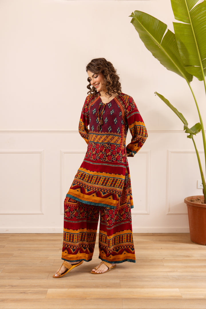 Nehamta Women's Maroon Rayon Kurta & Palazzo Set