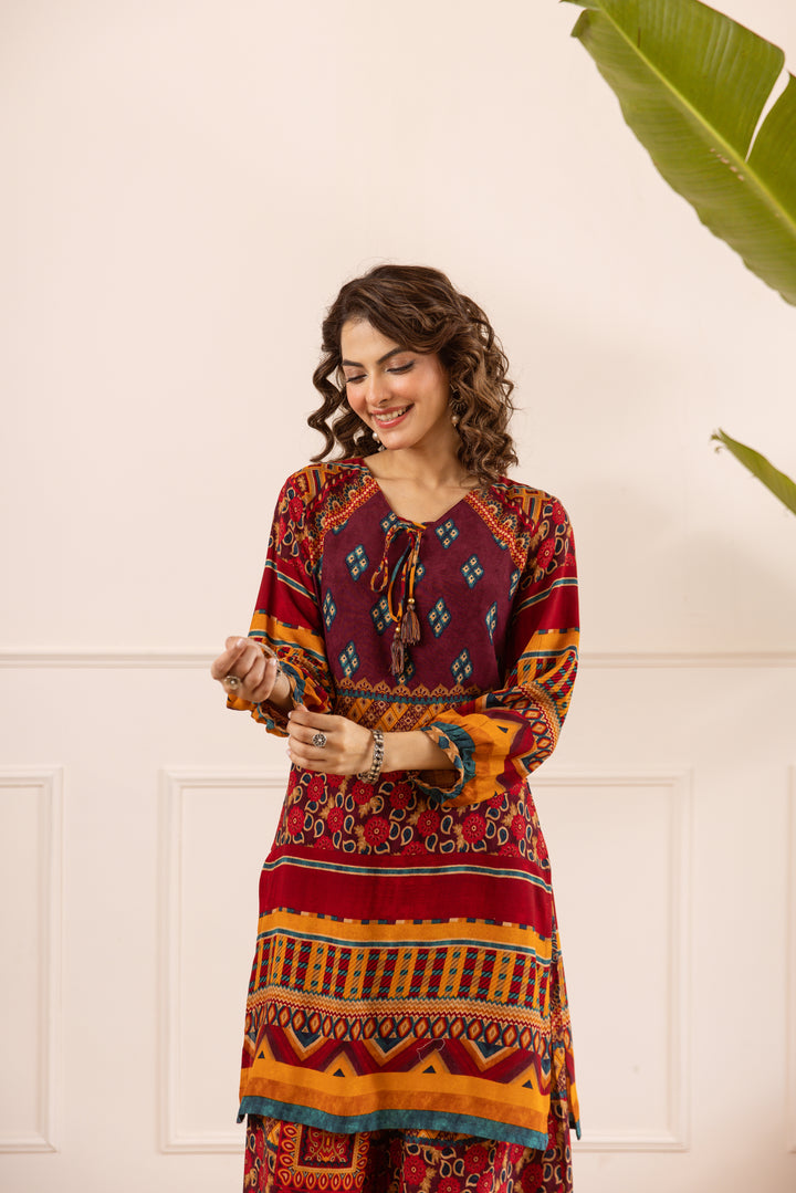 Nehamta Women's Maroon Rayon Kurta & Palazzo Set