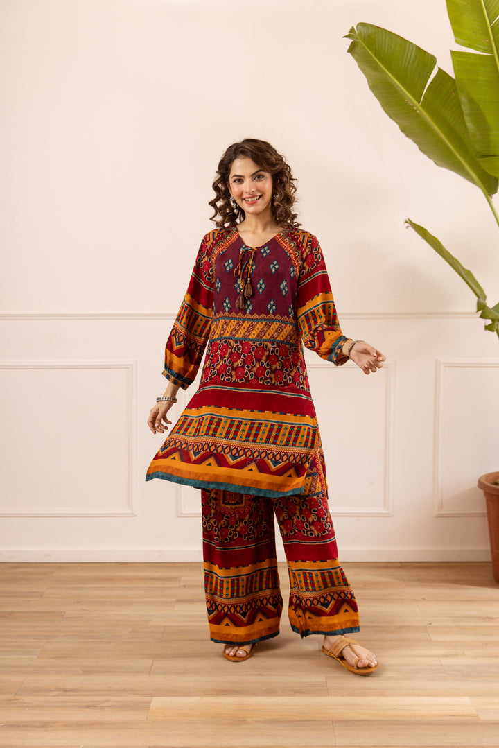 Nehamta Women's Maroon Rayon Kurta & Palazzo Set