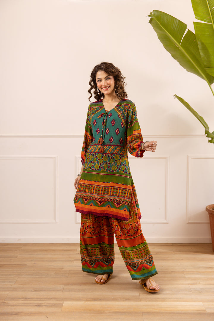 Nehamta Women's Green Rayon Kurta & Palazzo Set