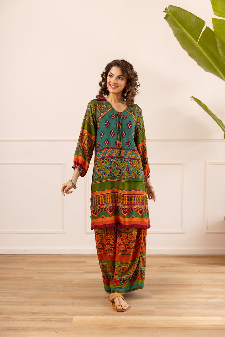 Nehamta Women's Green Rayon Kurta & Palazzo Set