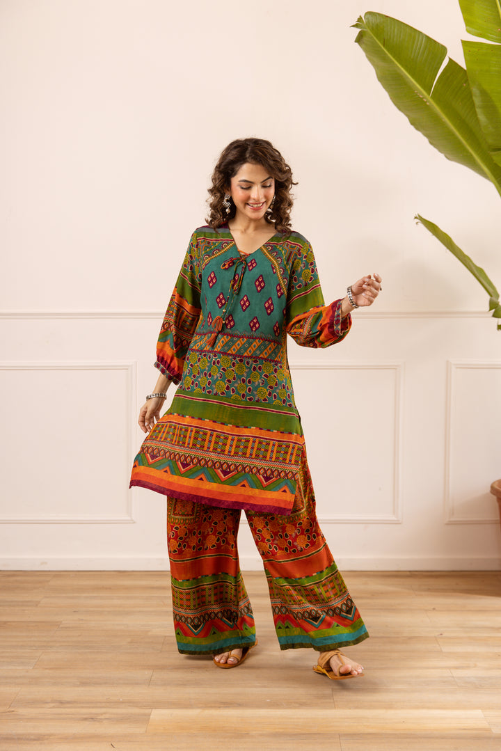Nehamta Women's Green Rayon Kurta & Palazzo Set