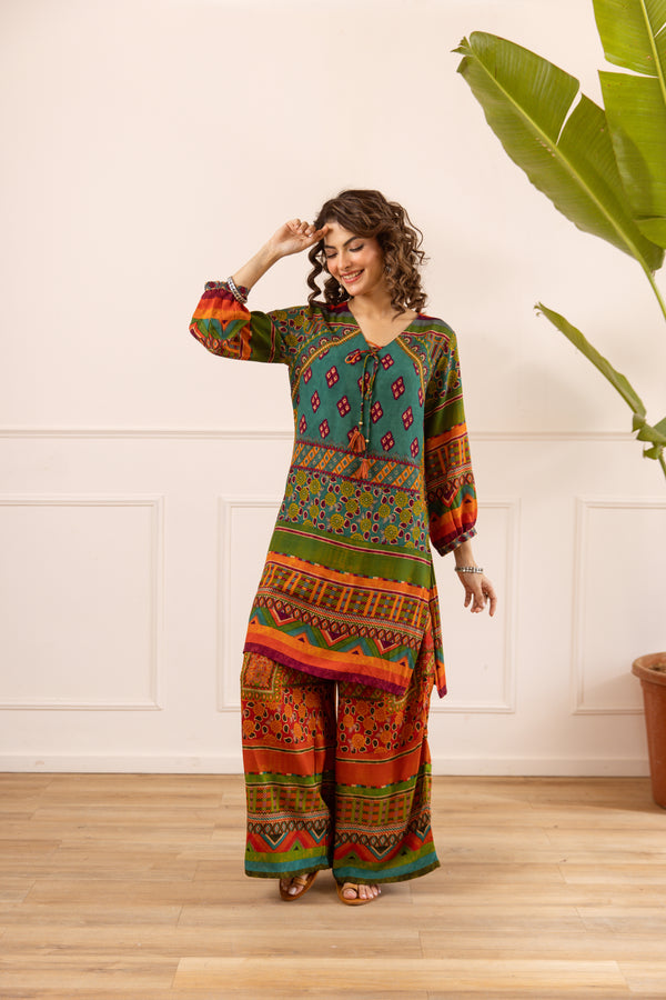 Nehamta Women's Green Rayon Kurta & Palazzo Set