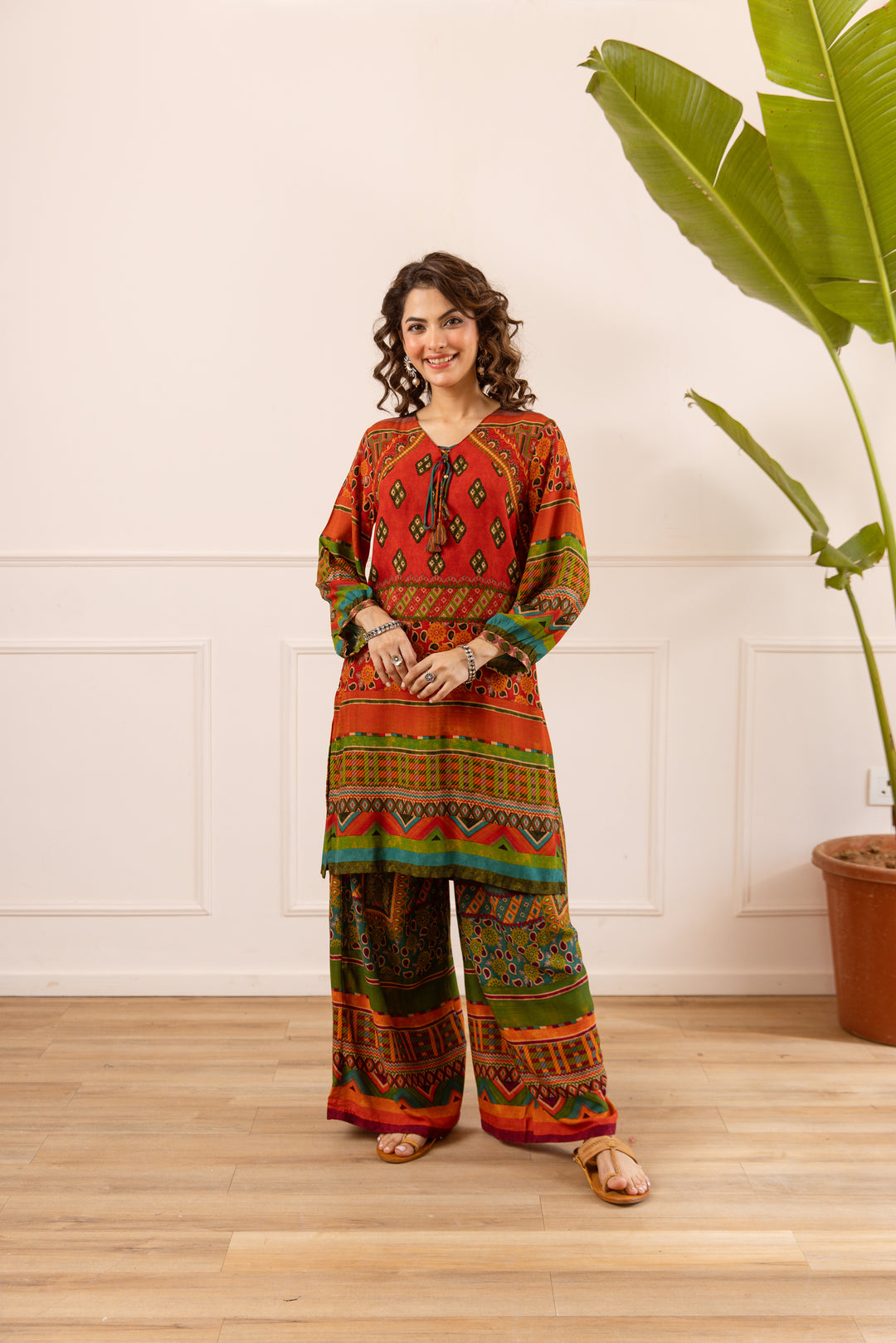 Nehamta Women's Red Rayon Kurta & Palazzo Set
