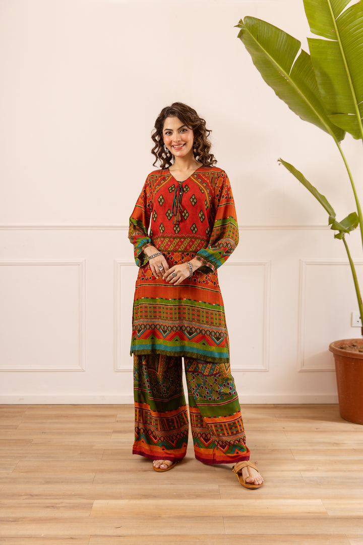 Nehamta Women's Red Rayon Kurta & Palazzo Set