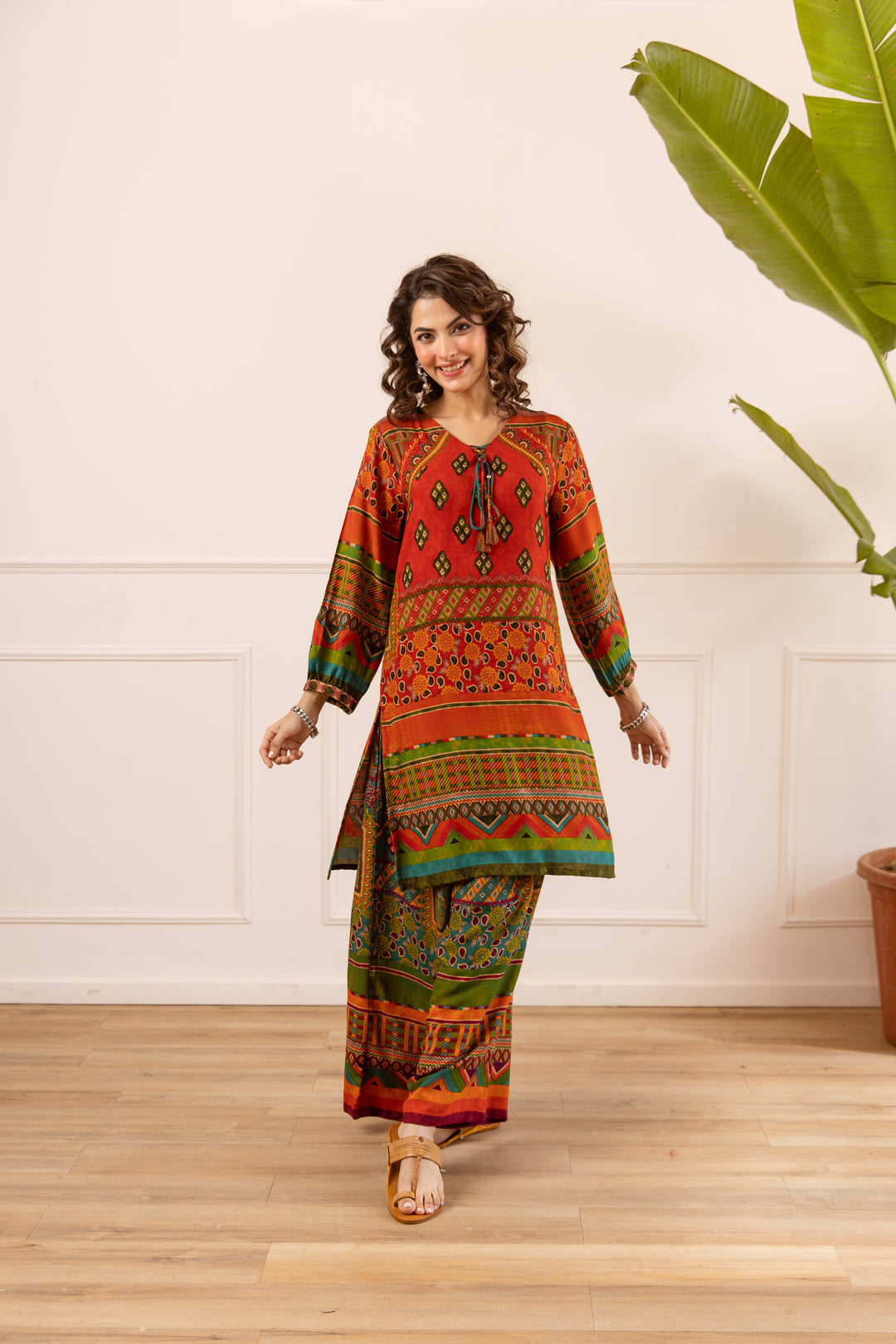 Nehamta Women's Red Rayon Kurta & Palazzo Set