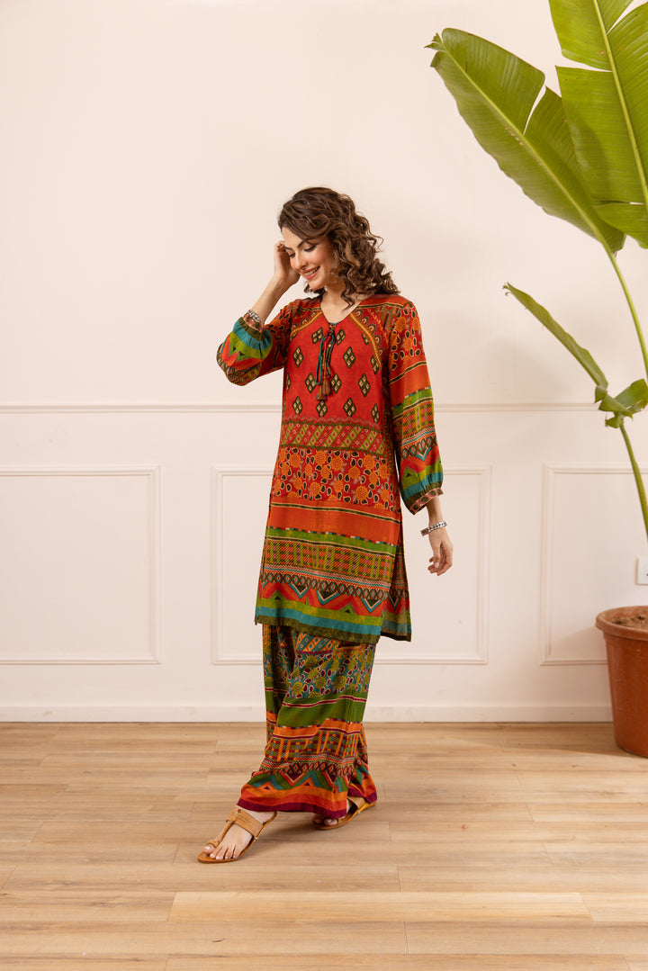 Nehamta Women's Red Rayon Kurta & Palazzo Set