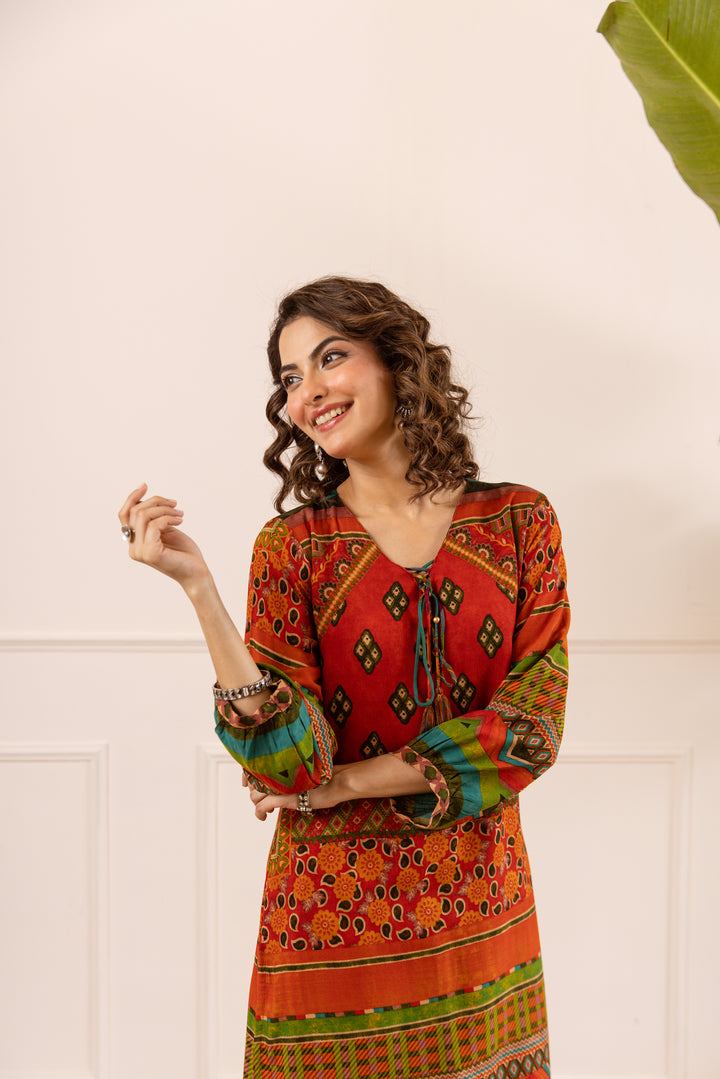 Nehamta Women's Red Rayon Kurta & Palazzo Set