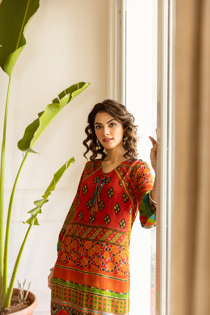 Nehamta Women's Red Rayon Kurta & Palazzo Set