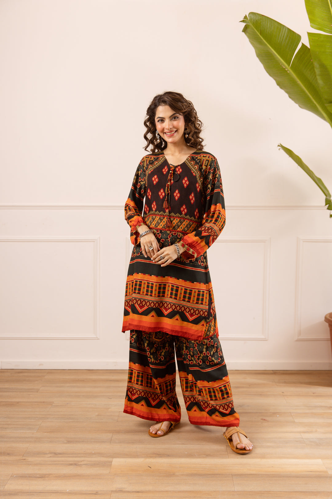 Nehamta Women's Black Rayon Kurta & Palazzo Set