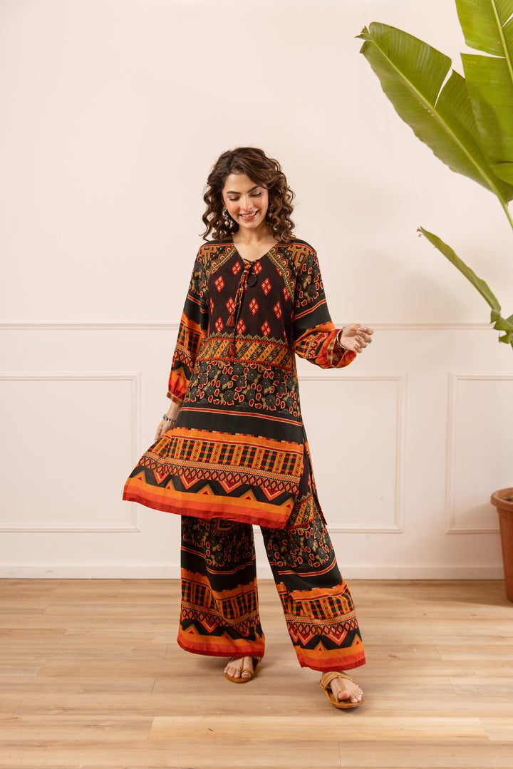 Nehamta Women's Black Rayon Kurta & Palazzo Set