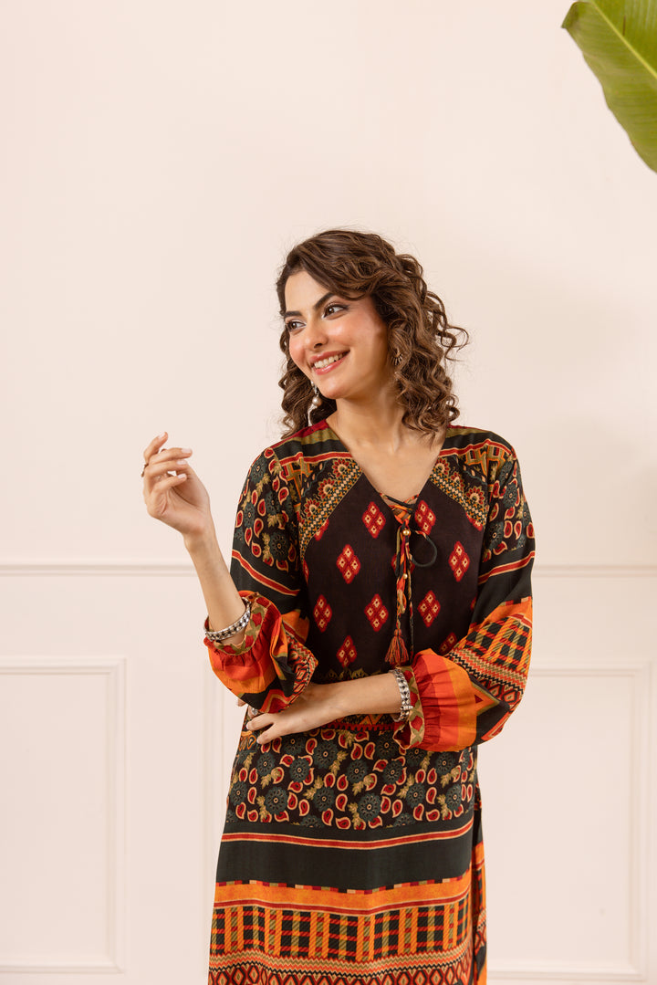 Nehamta Women's Black Rayon Kurta & Palazzo Set