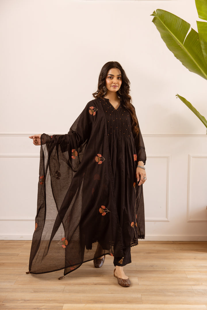 Nehamta Women's Black Chanderi Cotton Kurta with Pant & Dupatta