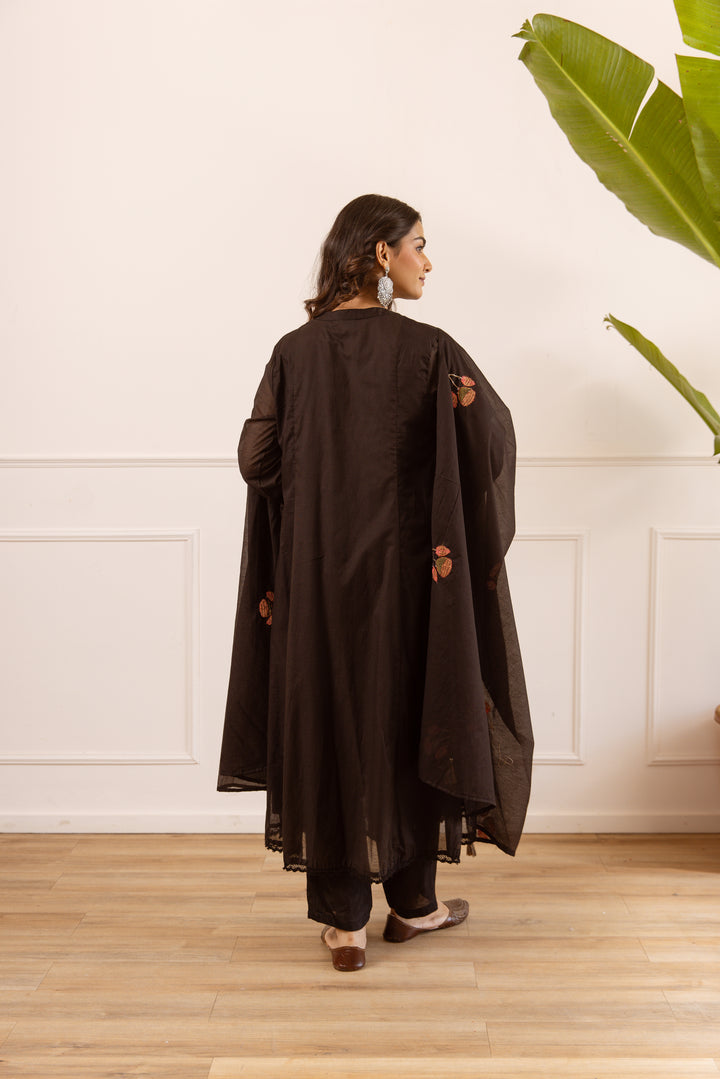 Nehamta Women's Black Chanderi Cotton Kurta with Pant & Dupatta
