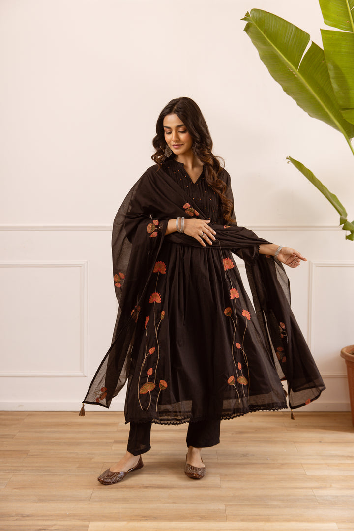 Nehamta Women's Black Chanderi Cotton Kurta with Pant & Dupatta