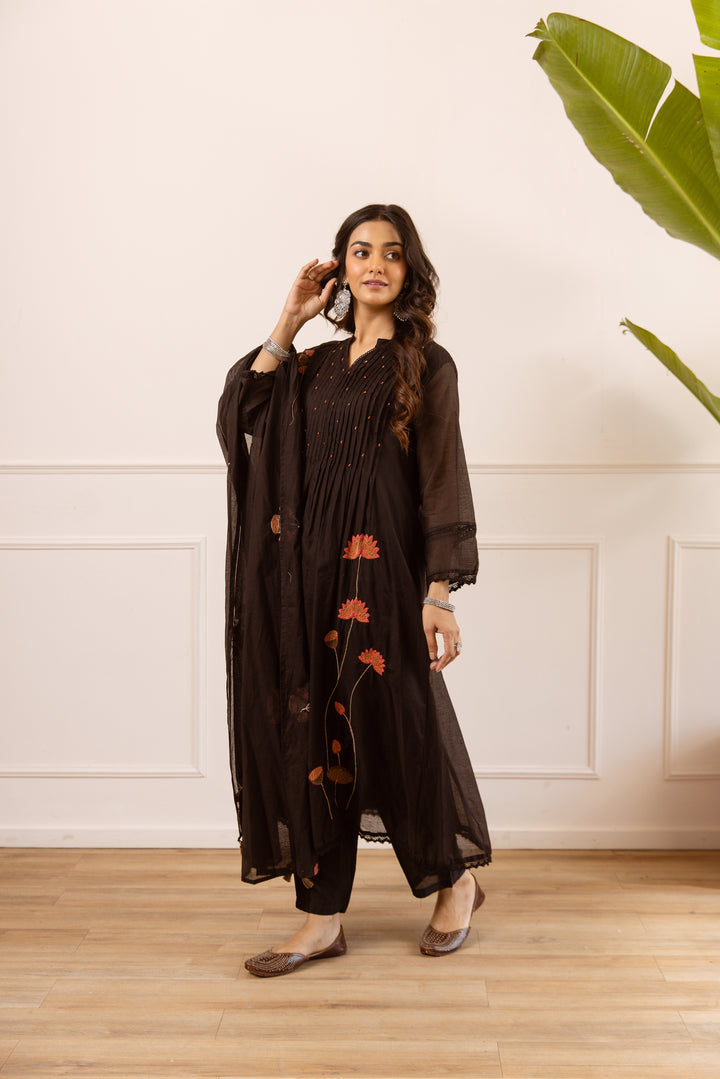 Nehamta Women's Black Chanderi Cotton Kurta with Pant & Dupatta