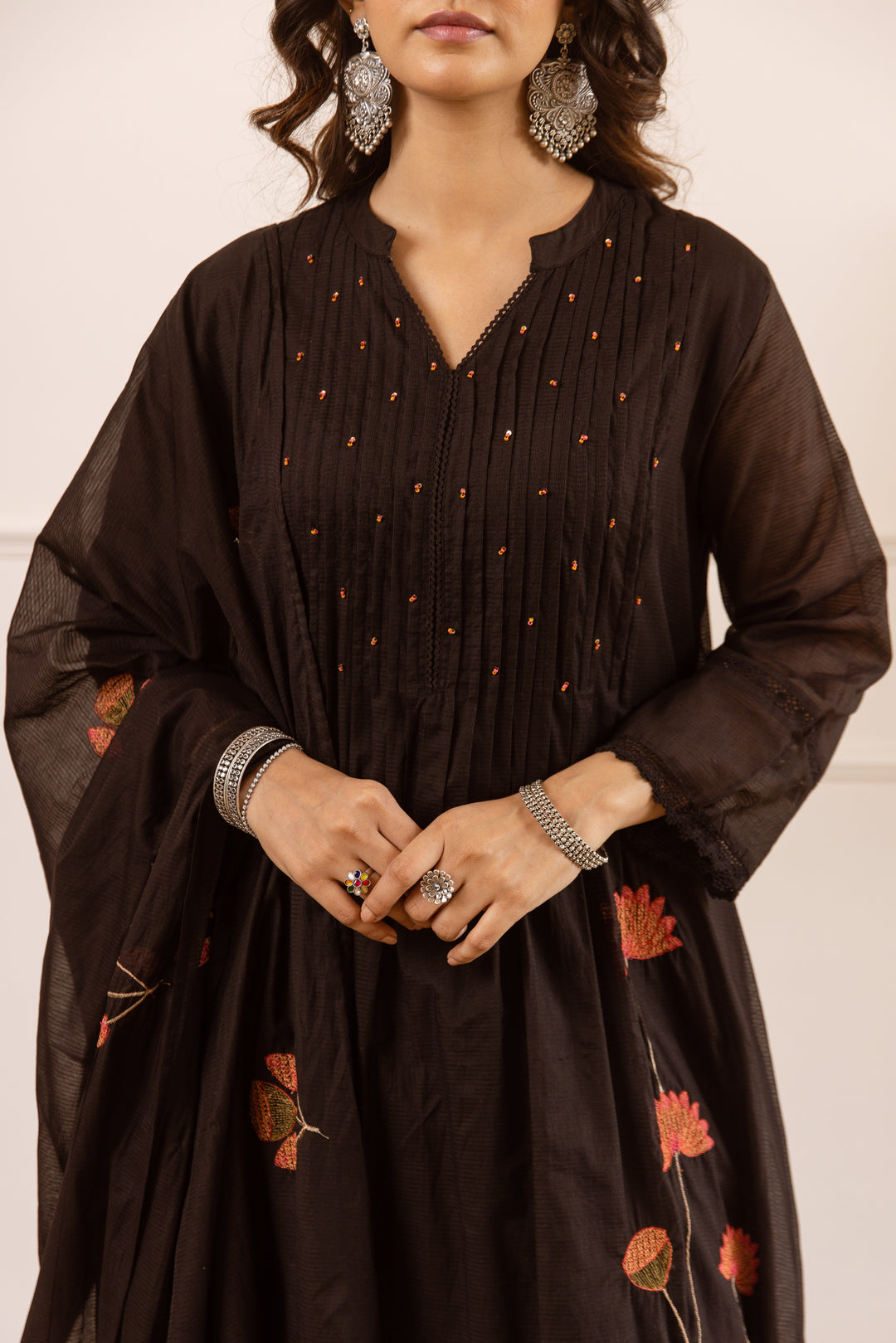Nehamta Women's Black Chanderi Cotton Kurta with Pant & Dupatta